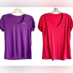 UNDER ARMOUR TOP SMALL ATHLETIC T-SHIRT SET PINK PURPLE TRAINING V-NECK GYM